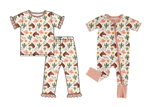 4.1 Custom moq 5 mix size Sibling Baby Girl  Western Cactus Short-Sleeved Pajama Set Short Sleeve Zipper Romper