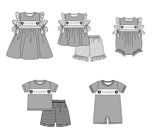 Custom moq 5 mix size milk silk summer teams baby girl boys clothes Grey short sleeve shorts sets 2  and dress and rompers 2 series
