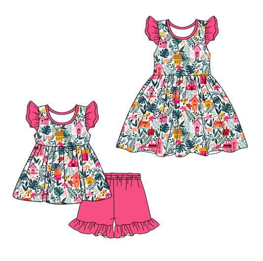 12.11 custom each style moq 5eta 4-6week Sibling Sister floral house baby girl short sleeve shorts sets and dresses match design