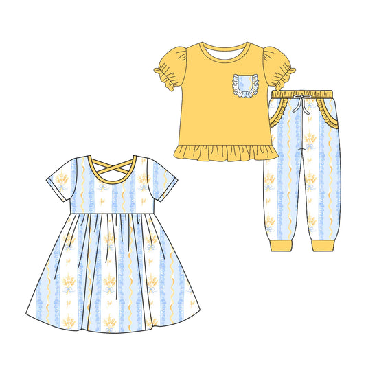 4.26 custom each style moq 5eta 4-6week Sibling Sister bow baby girl pants sets and dress match family design