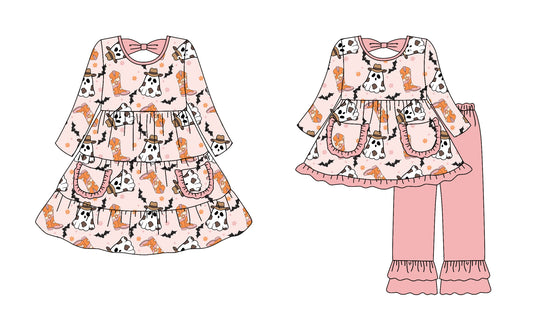 25.7.18 custom each style moq 5eta 4-6week Sibling Sisters ghost boots baby girl long sleeve pants sets and dress match family design