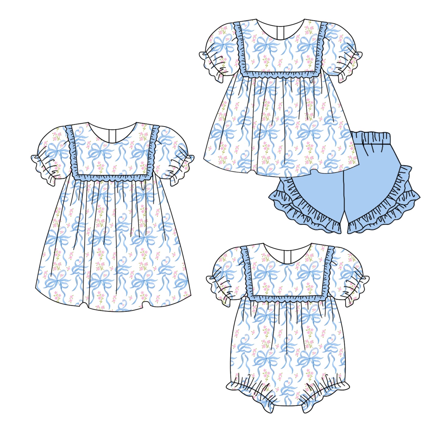 2.17 custom each style moq 5eta 4-6week Sibling Sisters bow baby girl short sleeve shorts sets and dress and rompers match family design