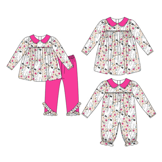 25.6.13 custom each style moq 5eta 4-6week Sibling Sisters ghost baby girl long sleeve pants sets and dress and rompers match family design