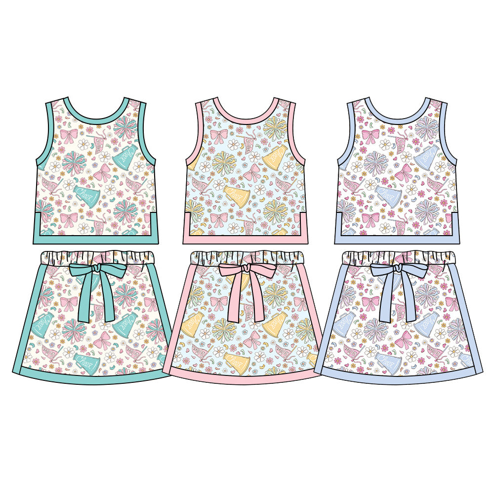 2.27 Custom moq 5 mix size Sibling Baby Girl Flower and bow print Sleeveless Top And Skirt with bow Set Cute Outfit