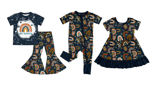12.6 custom each style moq 5eta 4-6week Sibling Sister BE HAPPY baby girl sets and dress and rompers match family design