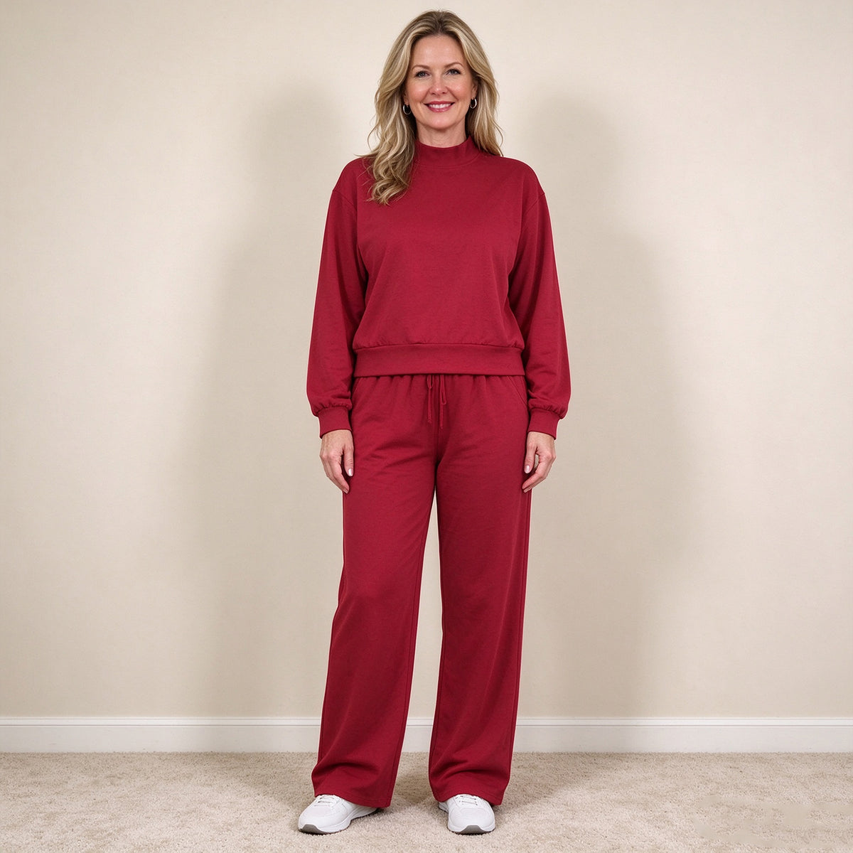 NEW RTS NO MOQ cotton GLP3418 Adult Women Maroon Long Sleeve Top And Flare Pant Fall Set