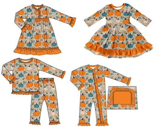 25.7.7 custom each style moq 5 eta 4-6week Sibling Sisters pumpkin baby girl long sleeve pants sets and romper and dress 1 and dress 2 match family design