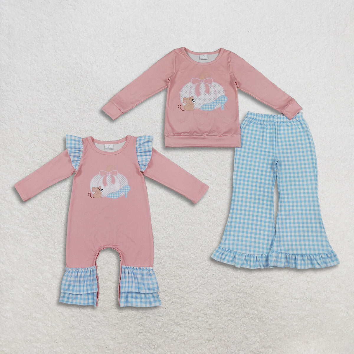 RTS NO MOQ Sibling milk silk Embroidery Baby Girls Bow Pumpkins Long Sleeve Top And Pant Sets Ruffle Romper