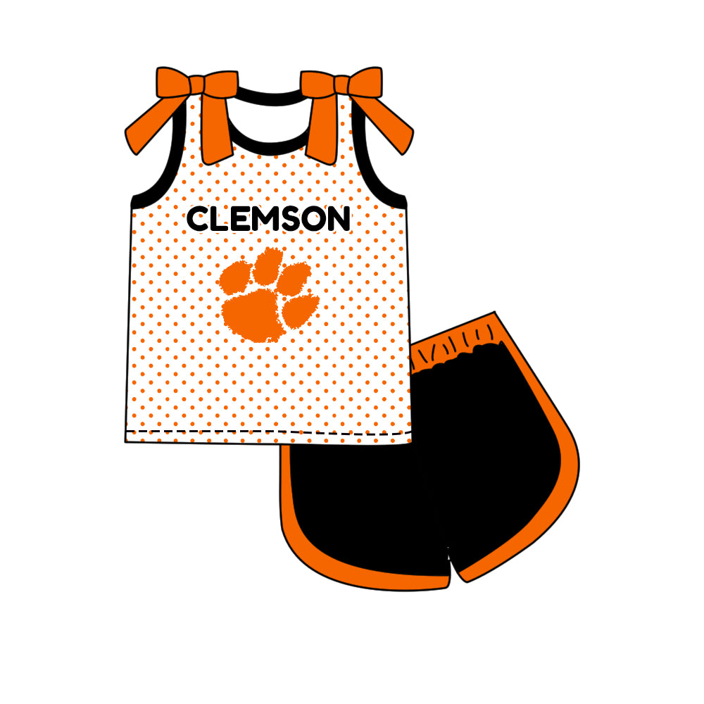 Custom moq 5 mix size summer teams Girls Polka Dot Top Shorts Set Bows Top Skirt Short Set Orange Zipper Pullover Pants Set