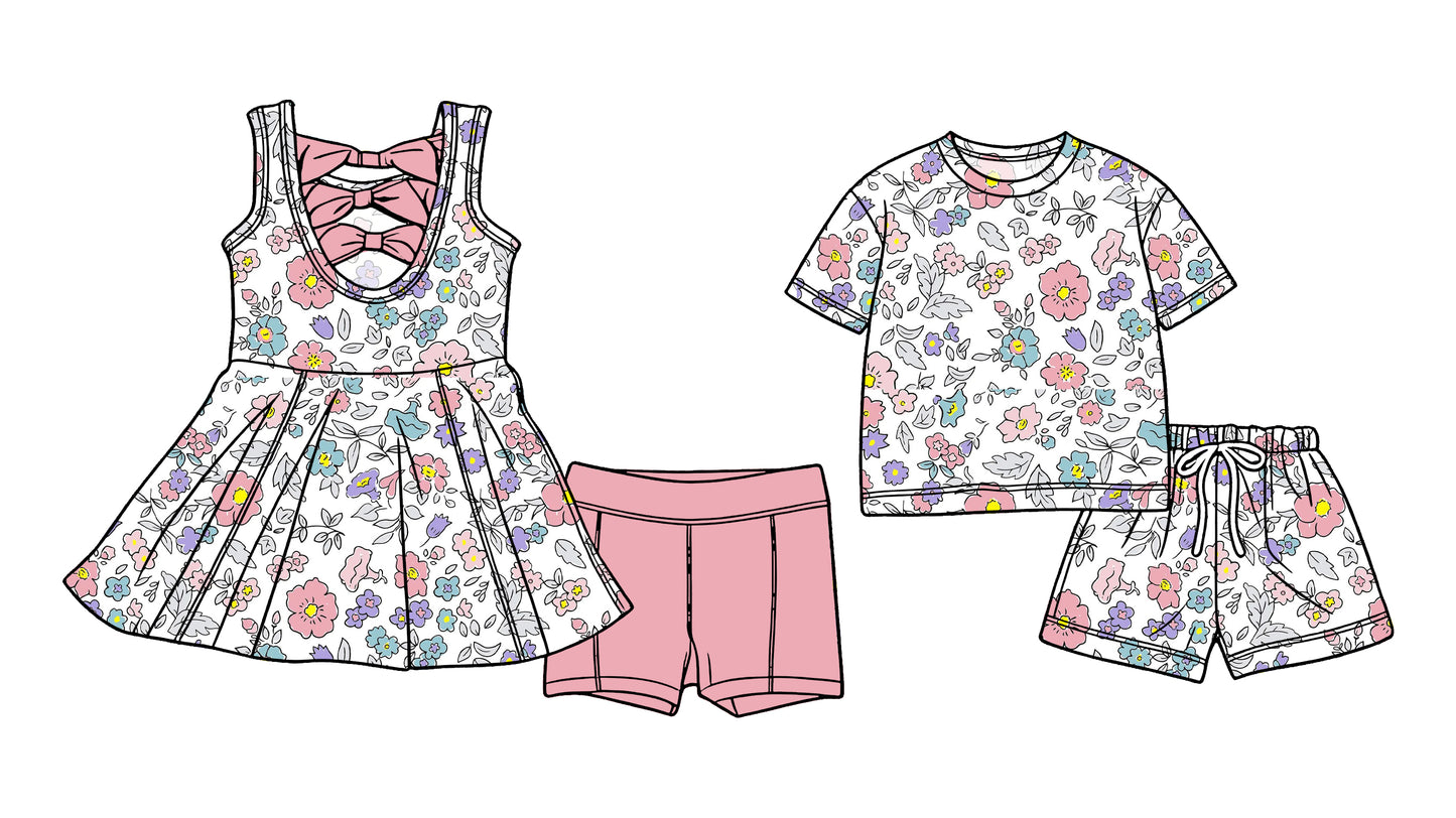Custom moq 5 mix size Sibling Baby Girl pink Sleeveless Yoga Dress And Shorts Outfit Short Sleeved Top And Shorts Set