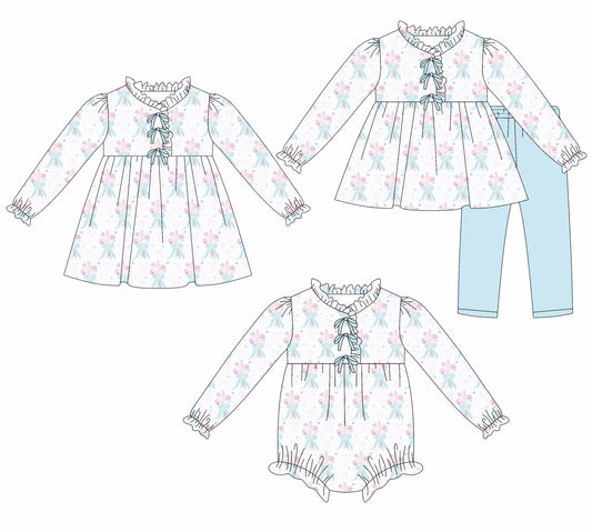 25.7.23 custom each style moq 5eta 4-6week Sibling Sisters floral bow baby girl long sleeve pants sets and dress and rompers match family design