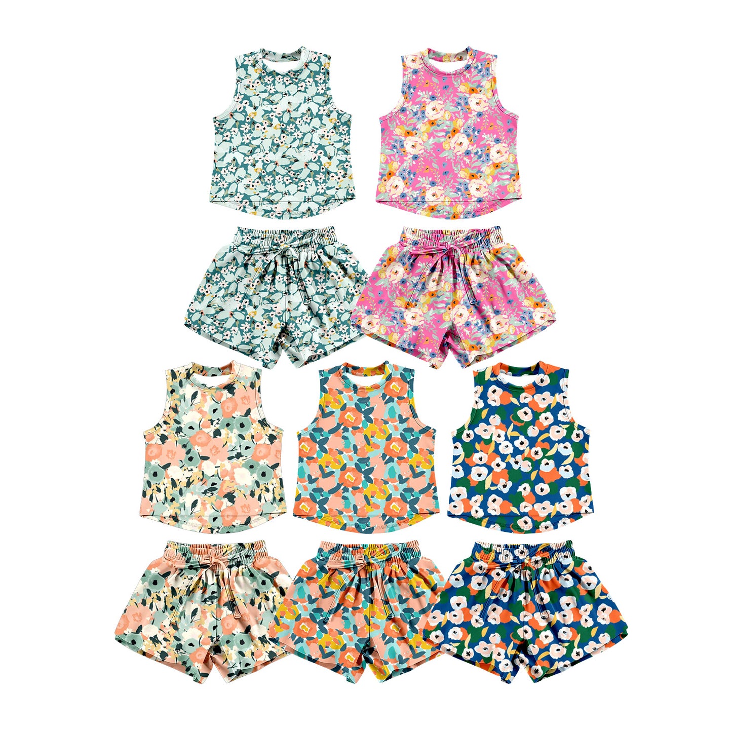 3.12 Custom moq 5 mix size Sibling Kids Sleeveless Colorful Flowers Top And Shorts Set Summer Outfit