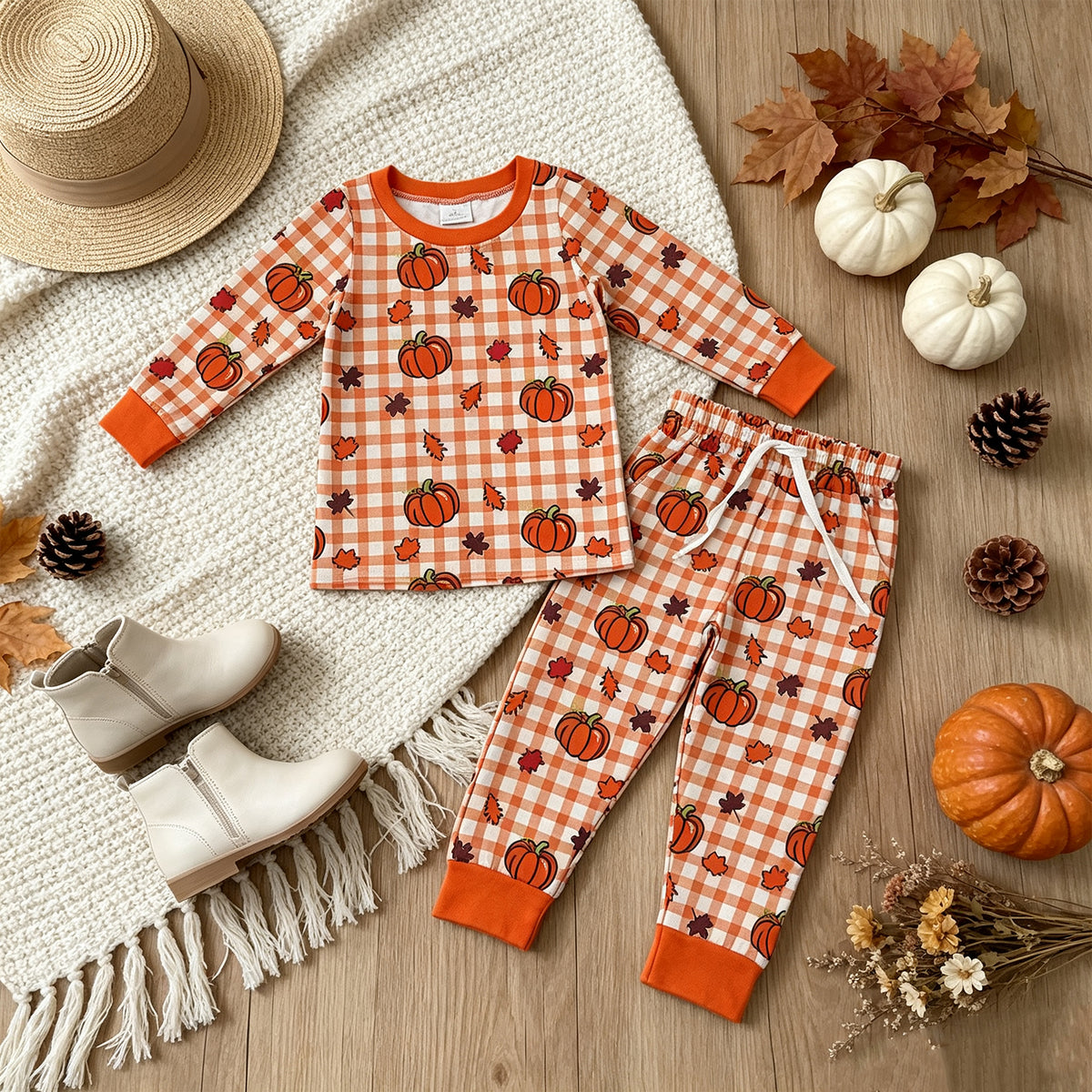 NEW RTS NO MOQ milk silk BLP1540（BT1929+P1198）Baby Boys Pumpkins Checked Print Top Pockets Pant Fall Casual Set