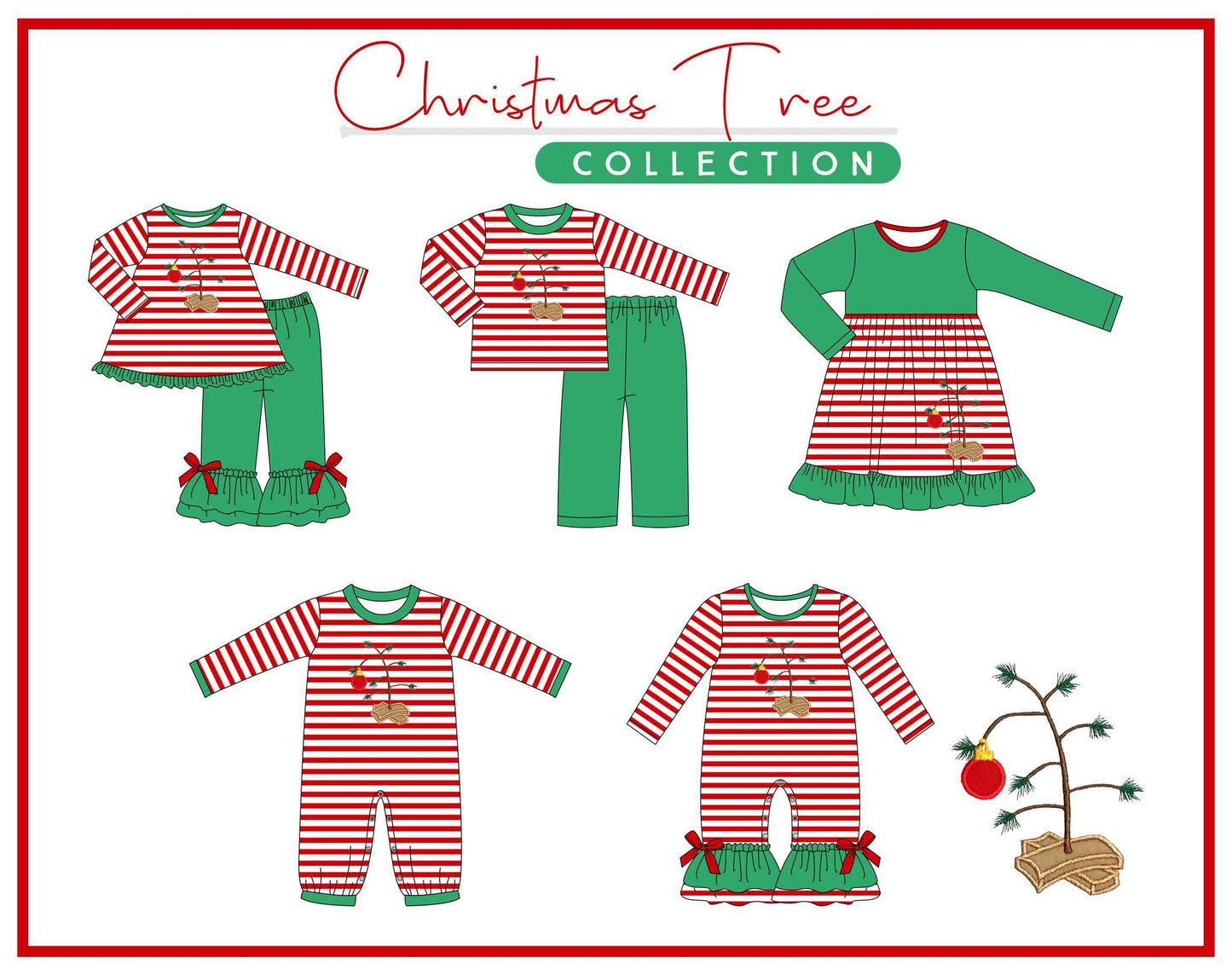 5.17custom each style moq 5eta 4-5week Sibling Sister Christmas style light ball tree print red stripes green girls and boys outfits and baby romper and dress match family design