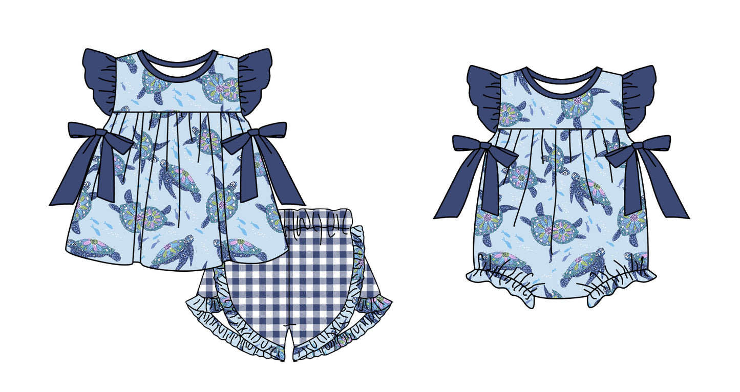 11.11 custom each style moq 5eta 4-6week Sibling Sister turtle baby girl short sleeve shorts sets and rompers match design