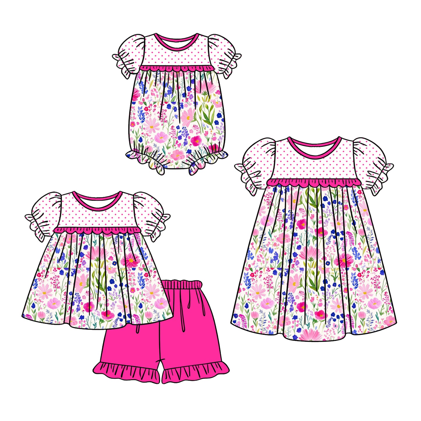 3.5 Custom moq 5 mix size Sibling Baby Girl's Pink Short Sleeves Top And Shorts Set Cute Romper Dress for Summer