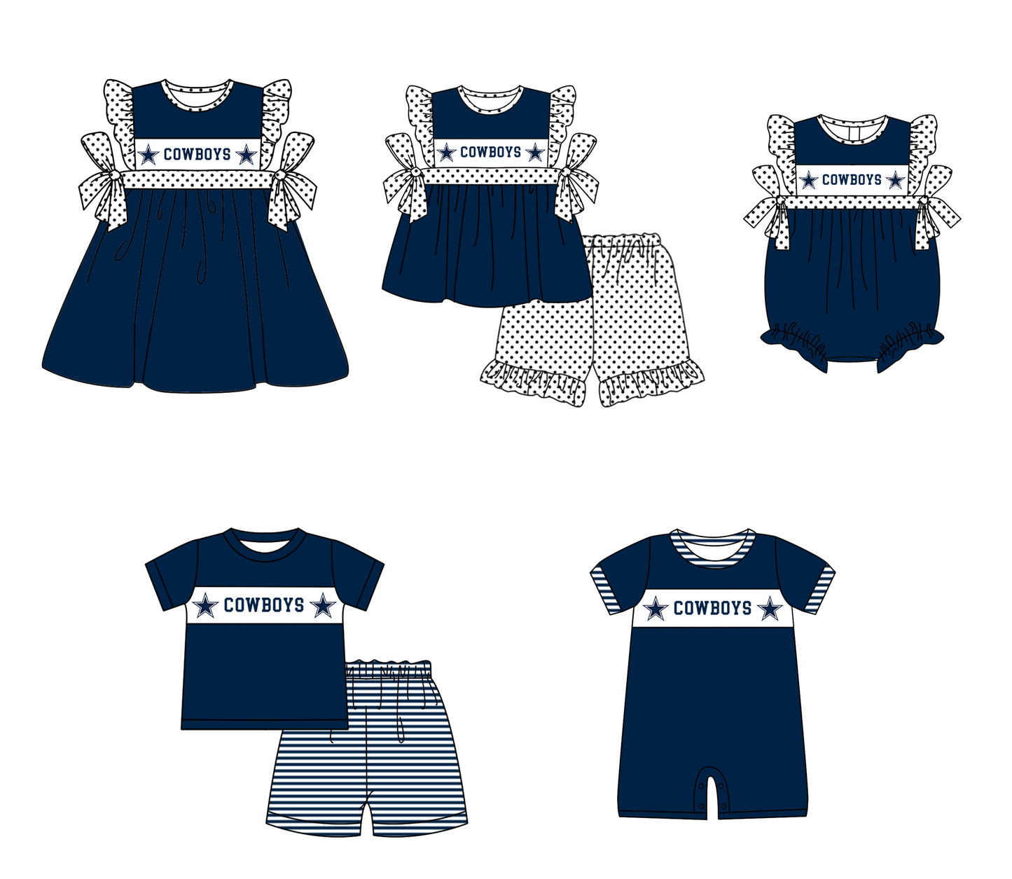 Custom moq 5 mix size milk silk summer teams baby girl boys clothes Navy blue short sleeve shorts sets 2  and dress and rompers 2 series