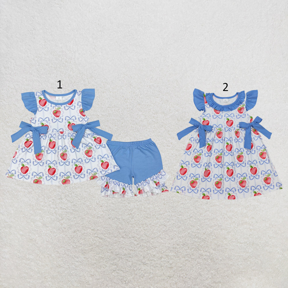 RTS NO MOQ Sibling milk silk Baby Girls Apple Bow Print Short Sleeve Tunic Top Ruffle Elastic Waist Shorts Set Dresses Back To School Clothes(2T-14-16T）