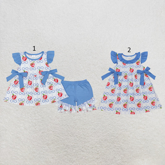 RTS NO MOQ Sibling milk silk Baby Girls Apple Bow Print Short Sleeve Tunic Top Ruffle Elastic Waist Shorts Set Dresses Back To School Clothes(2T-14-16T）