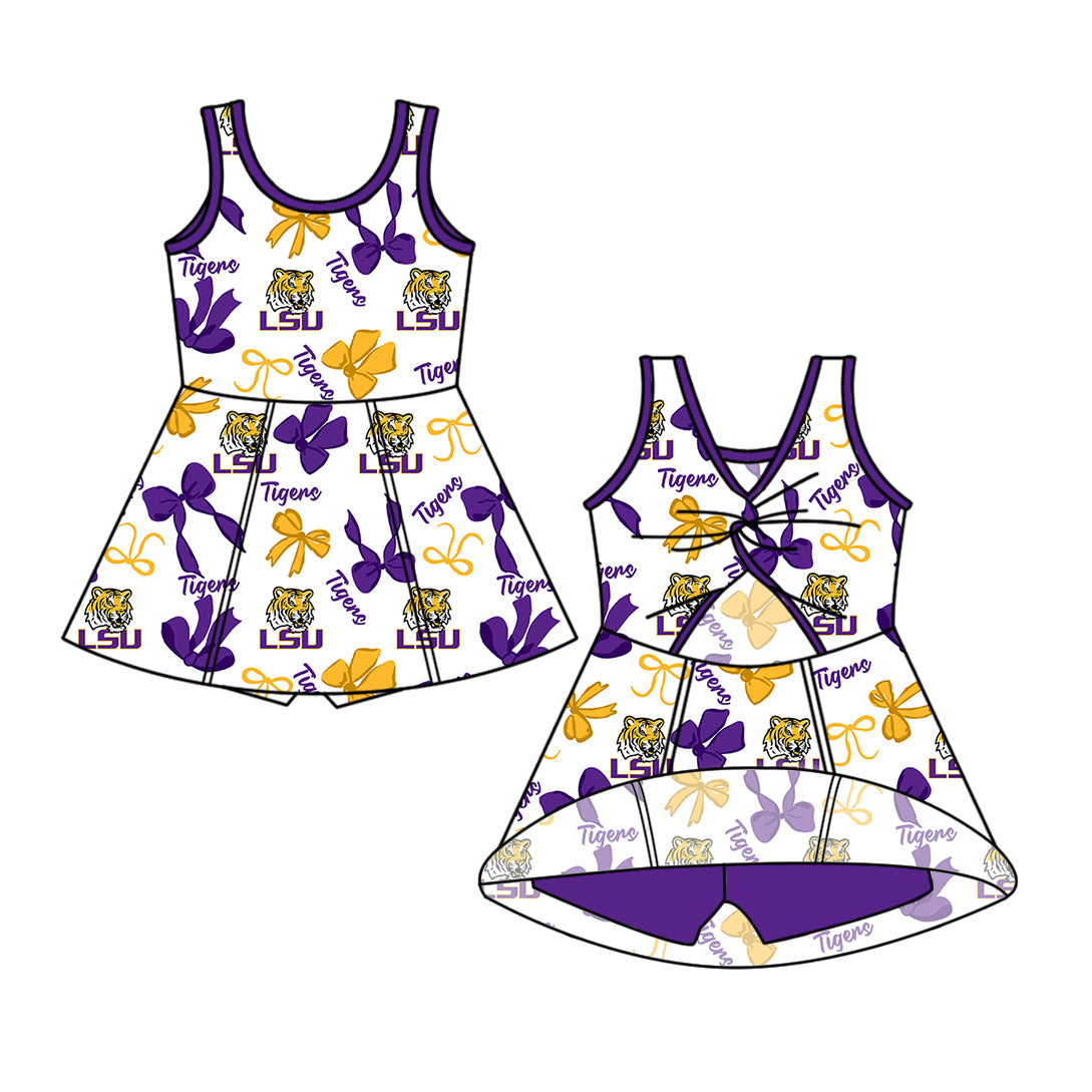 Custom moq 5 mix size milk silk summer teams Purple Yellow Bow Baby Girls Vest Top Skirt Shorts Sets Sleeveless Yoga Knee Length Dresses Yoga Shorts