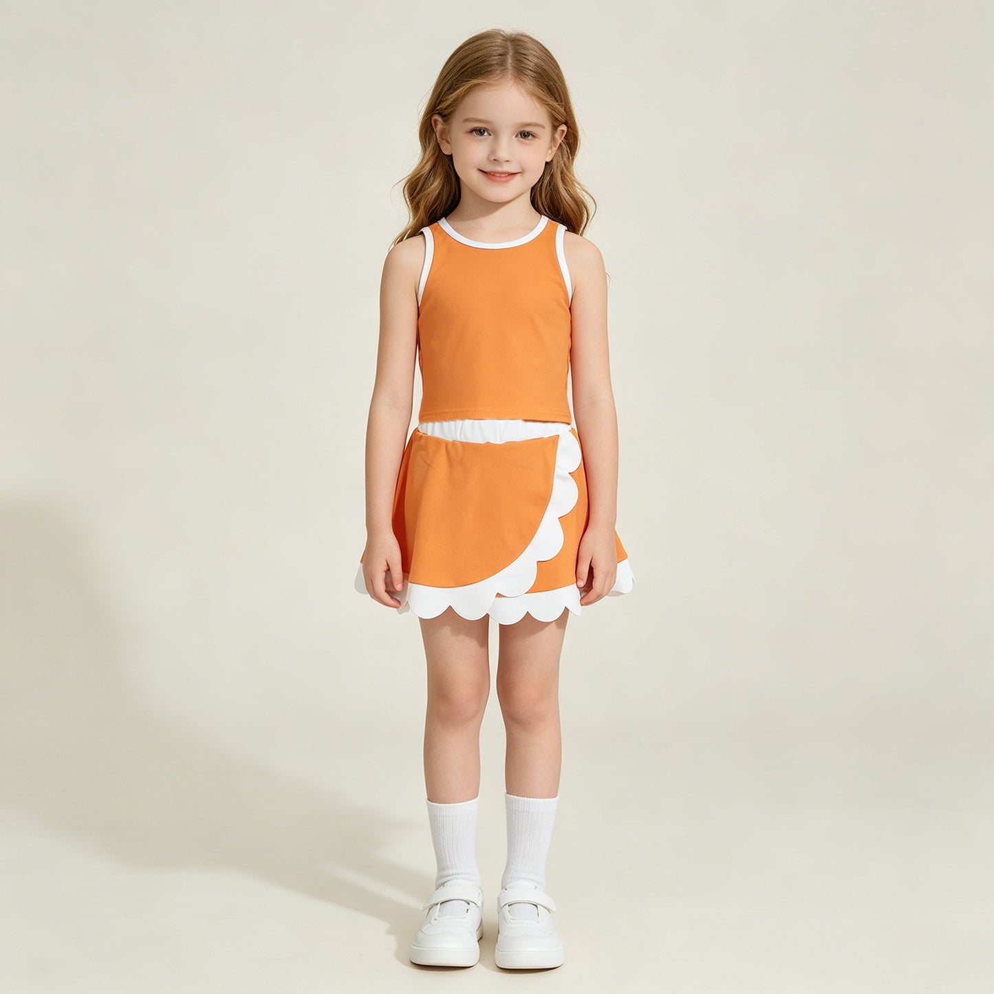RTS NO MOQ yoga fabric cotton GSD4033  Yoga Toddler Girls Orange  Vest Scallop Skirt Short Yoga Sports Outfit