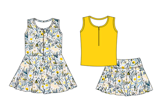 Custom moq 5 mix size Sibling Baby Girls Floral print Sleeveless Zipper Yoga Set Skirt Top Set Cute Zipper Yoga Dress for Little Girls
