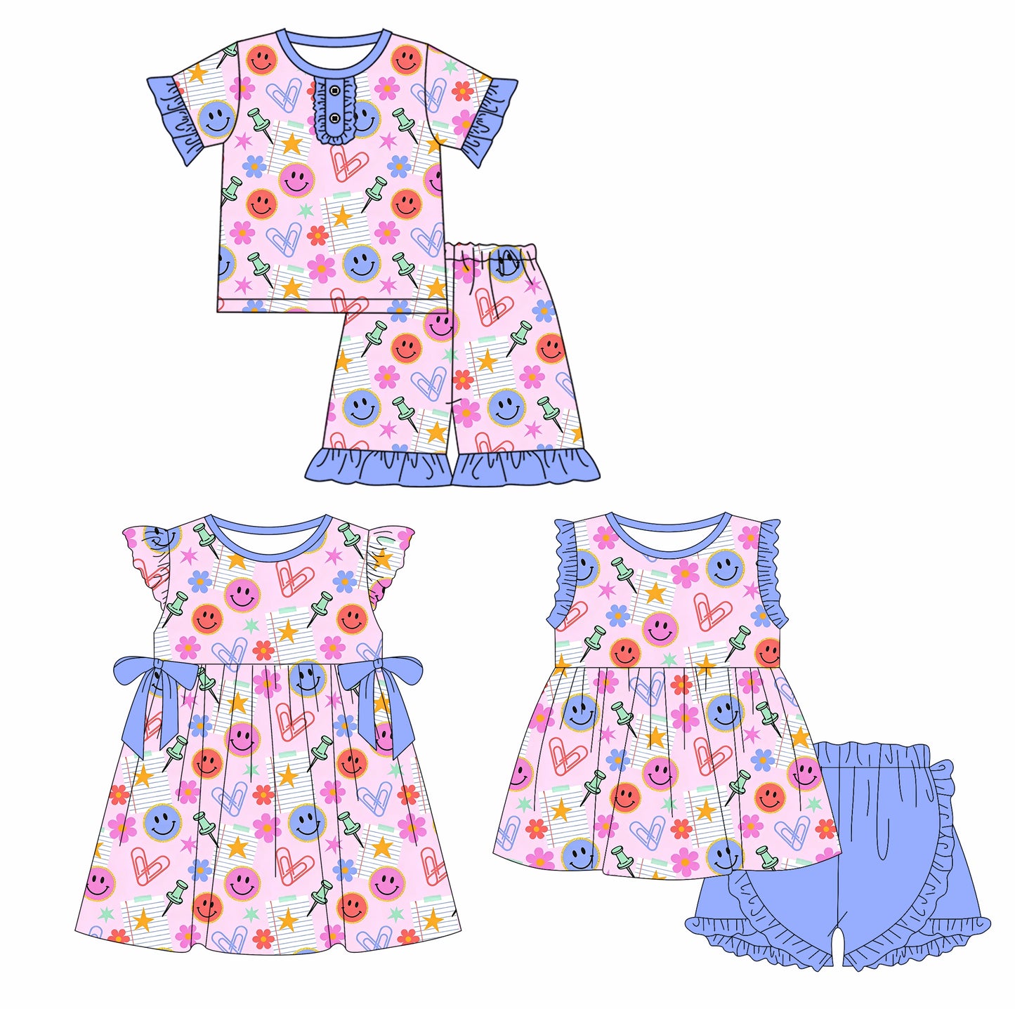 Custom moq 5 mix size Pink Floral Print Baby Girl Short-Sleeved Romper Set with Shorts Elegant Dress for Little Girls Back-to-School Outfit