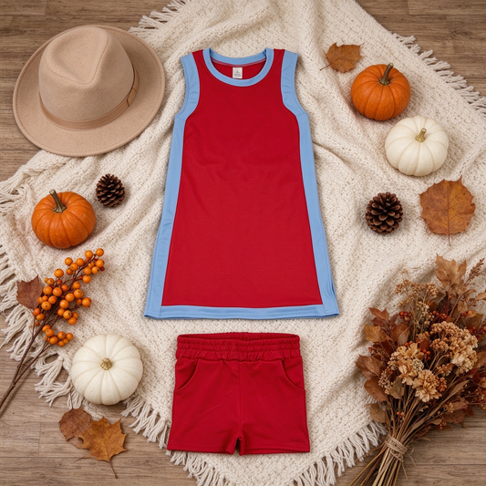 NEW RTS NO MOQ yoga fabric cotton GSSO3846(GDS4255+SS0960) Yoga Separate Shorts Baby Girls Red Sleeveless Top Split Hem Short Yoga Skirt Active Clothes Set
