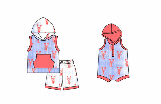 4.9 custom each style moq 5eta 4-6week Sibling Sister lobster baby boy hooded short sleeve shorts sets and romper match design