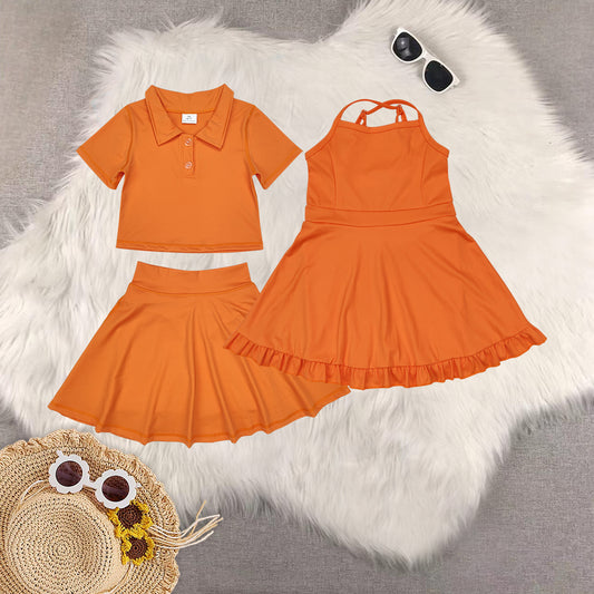 RTS NO MOQ Sibling baby girl clothes orange sleeveless skirt yoga set and yoga dress