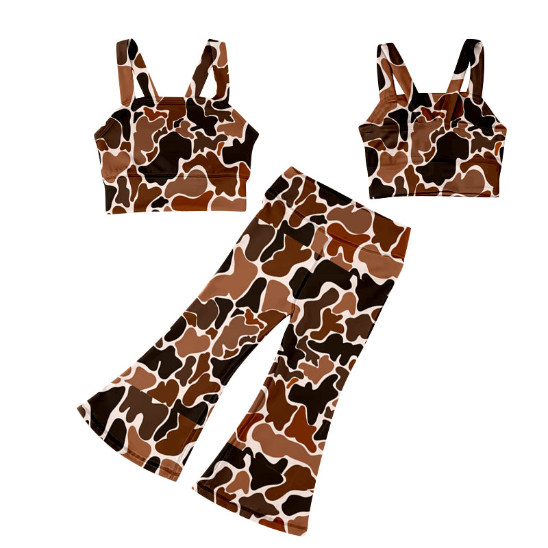 7.4 custom each style moq 5eta 4-6week baby girls clothes camouflage brown Yoga Suit vest Pants Set
