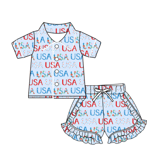 10.21 custom each style moq 5eta 4-6week baby kids clothes USA blue short sleeve shorts pajamas sets