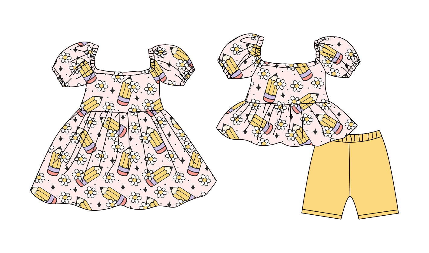 Custom moq 5 mix size Sibling Baby Girl's Back to school yellow Short-Sleeved Top And Shorts Set Cute Dress Combination for Little Ones