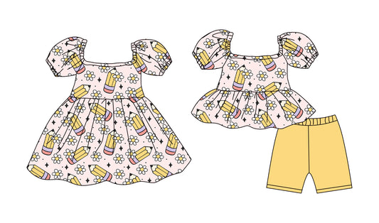 Custom moq 5 mix size Sibling Baby Girl's Back to school yellow Short-Sleeved Top And Shorts Set Cute Dress Combination for Little Ones