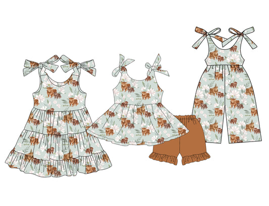 3.27 custom each style moq 5eta 4-6week Sibling Sister alpine floral baby girl short sleeve shorts sets and dresses and jumpsuit match design