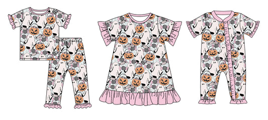 4.28 custom each style moq 5eta 4-6week Sibling Sisters pumpkin ghost baby girl short sleeve shorts sets and pants sets and dress match family design