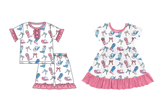 3.31 custom each style moq 5eta 4-6week Sibling Sister boot bow baby girl short sleeve shorts sets and dresses match design