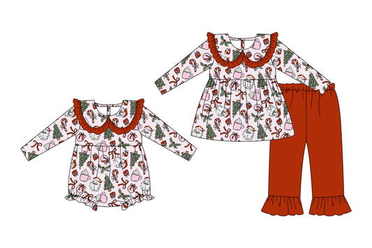 25.7.3 custom each style moq 5eta 4-6week Sibling Sisters Christmas baby girl long sleeve pants sets and rompers match family design