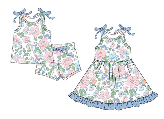 25.5.24 custom each style moq 5eta 4-6week Sibling Sister floral baby girl short sleeve shorts sets and dresses match design
