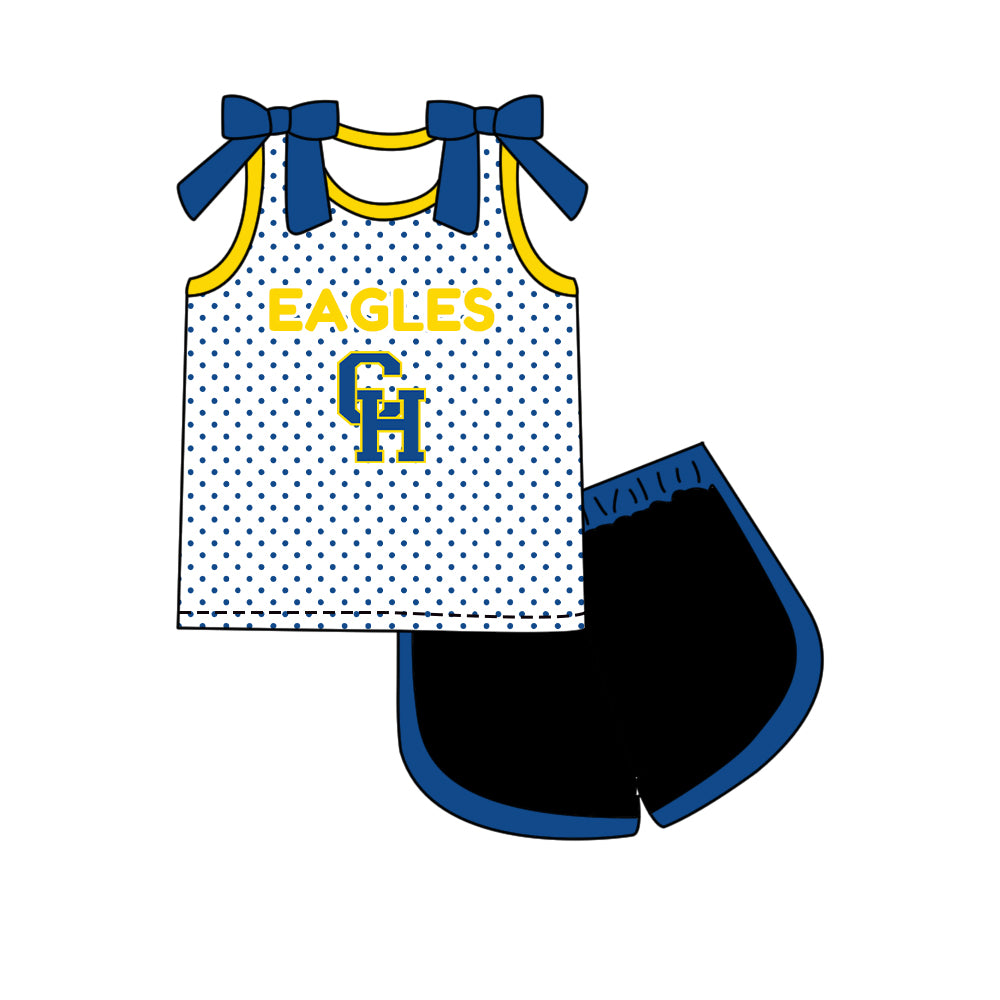 Custom moq 5 mix size milk silk summer teams Girls Polka Dot Top Shorts Set Blue Top Skirt Short Set Zipper Pullover Jogger Pants Set