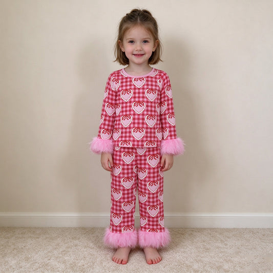 NEW RTS NO MOQ milk silk GLP3669 Baby Girls Heart Bow Print Fur Long Sleeve Crew Neck Top Pant Pajamas Valentines Set