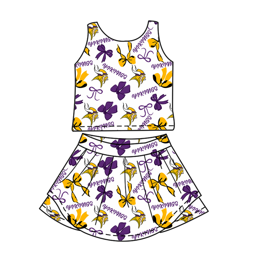Custom moq 5 mix sizes summer teams baby girls clothes team purple short sleeve skirts shorts sets 1 and skirts sets 2 and and skirts sets 2 and dress 1 and dress 2 and dress 3 and dress 4-25.6.9