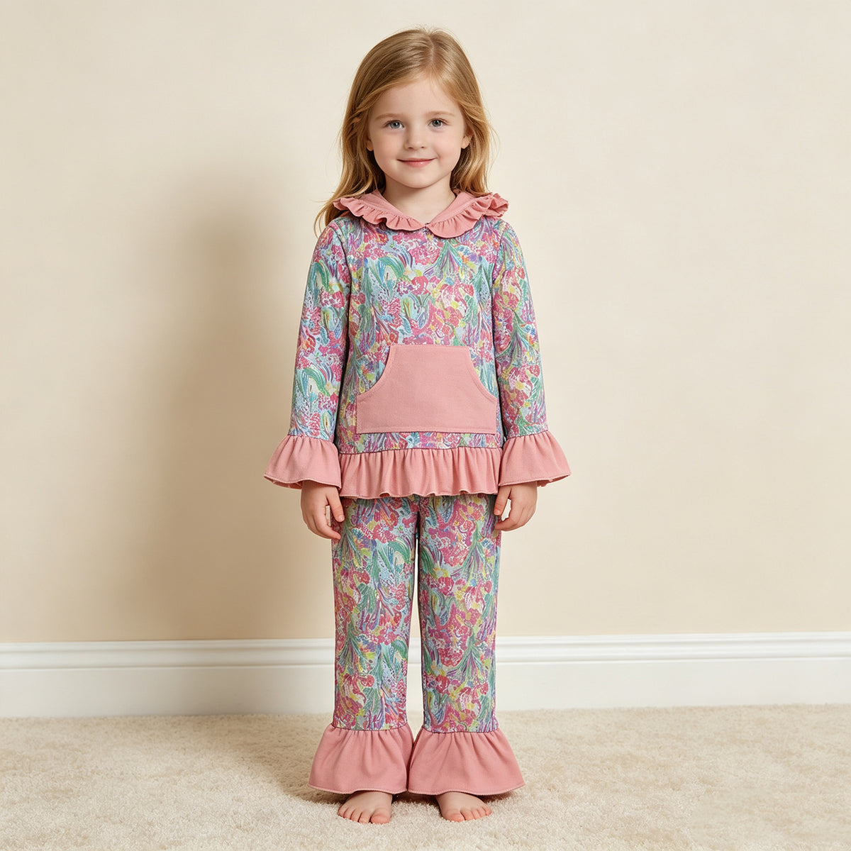 NEW RTS NO MOQ milk silk GLP3519 Baby Girls Sea Plants Pocket Ruffle Hoodie Pants Clothes Sets