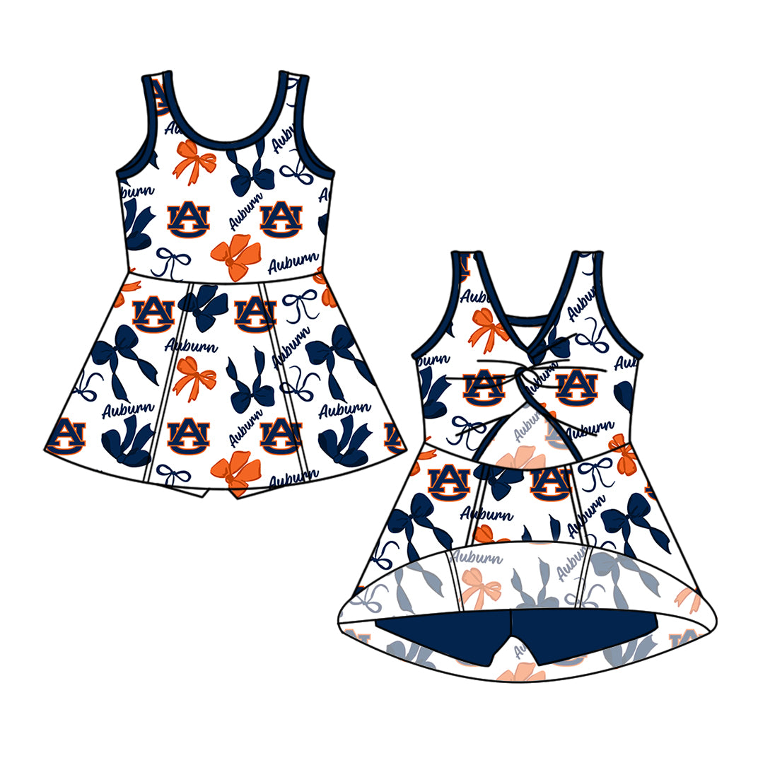 Custom moq 5 mix size milk silk summer teams Baby Girls Navy Blue Bow Vest Top Skirt Shorts Sets Sleeveless Yoga Knee Length Dresses Yoga Shorts