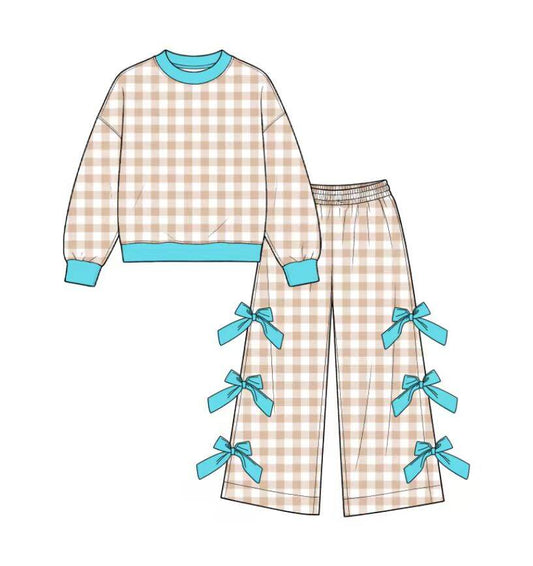 custom moq 5 mix size Toddler Girls Light khaki Gingham Long Sleeve Top And Bow Wide Leg Pants Outfit Set