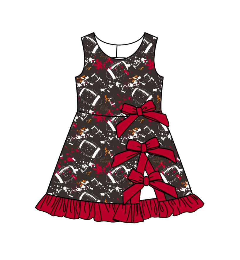 Custom moq 5 mix size milk silk summer teams Baby Girls Sleeveless Football Print Bow Ruffle Yoga Knee Length Dresses