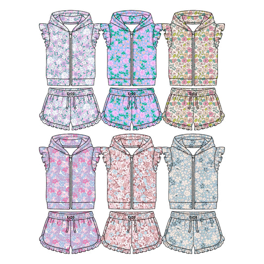 4.11 Custom moq 5 mix size Sibling Baby Girl's Colorful Flowers Zipper Hoodie Jacket Ruffle Shorts Clothes Set
