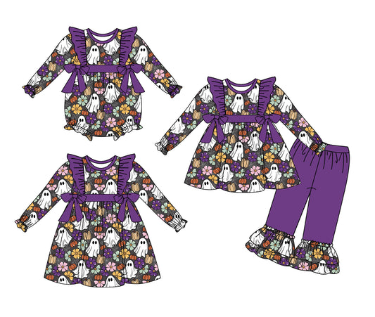 25.7.11 custom each style moq 5eta 4-6week Sibling Sisters ghost floral baby girl long sleeve pants sets and dress and rompers match family design