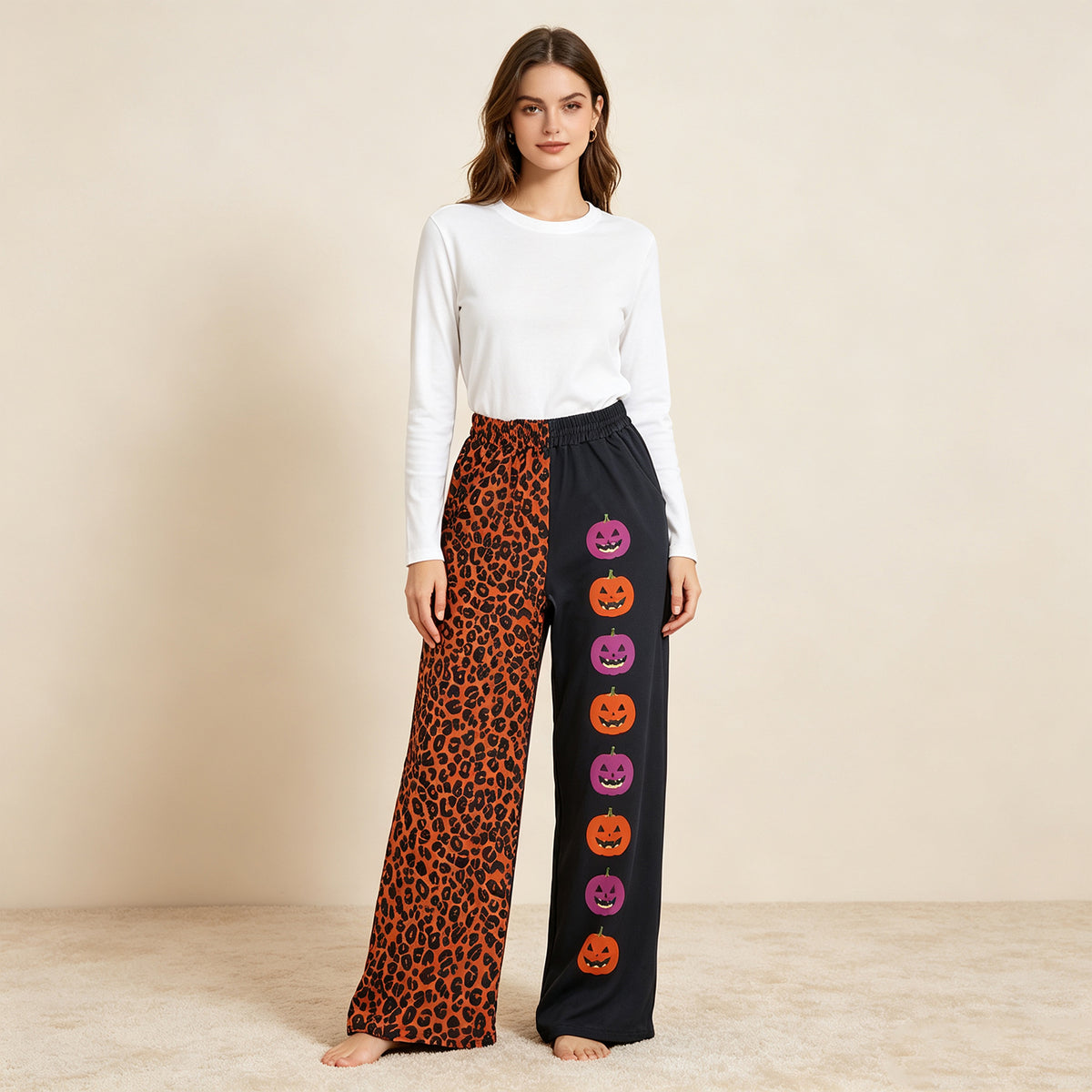 NEW RTS NO MOQ milk silk P1132 Adult Women Ghost Pumpkins Leopard Halloween Pockets Straight Pants Bottom Casual Bottom