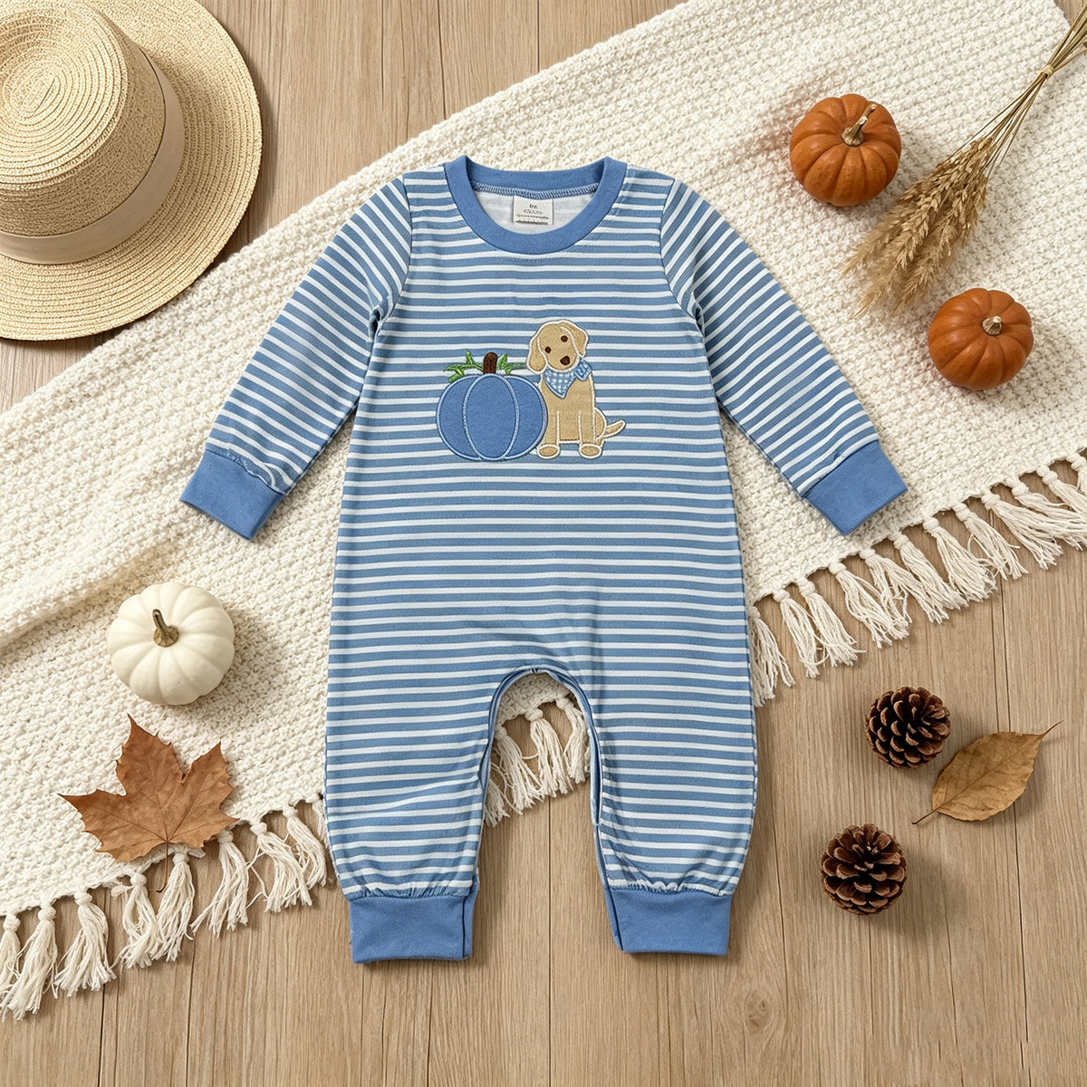 NEW RTS NO MOQ milk silk LR3141 Embroidery Baby Boys Blue Stripe Pumpkin Dog Print Long Sleeve Holiday Romper